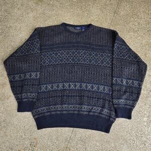 Vtg 90s VAN HEUSEN Abstract Geometric All Over Knit Pattern Crewneck Sweater XL